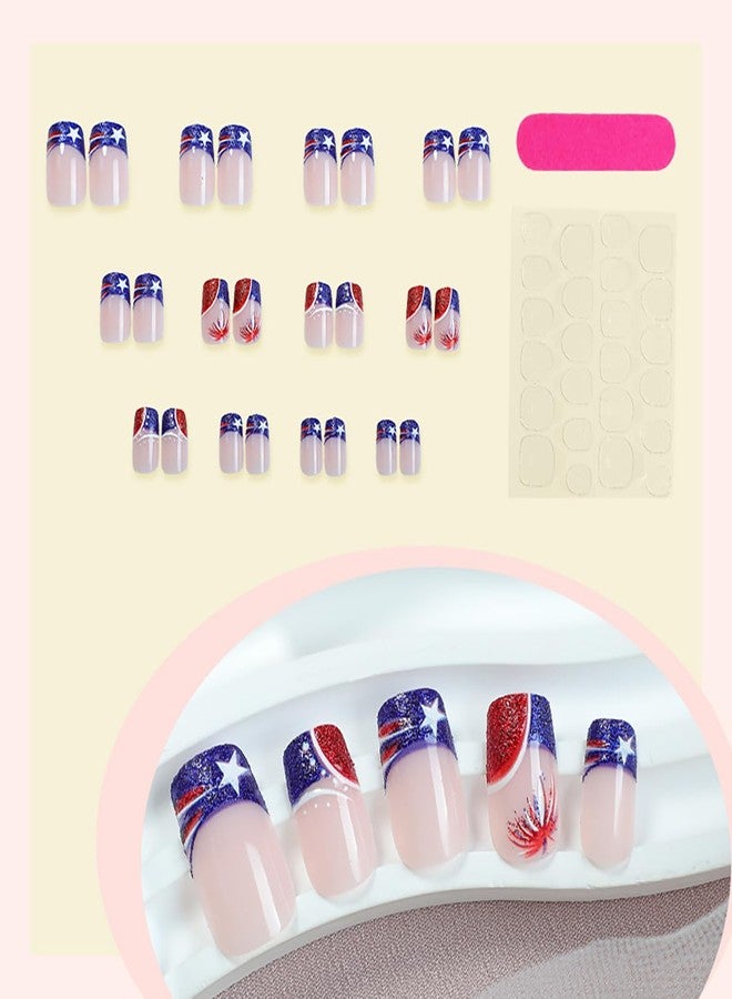 KRTBKR 24Pcs 4th of July Press on Nails Short Square Red Black French Tip Fake Nails American Flag with Star Fireworks Glitter Design Full Cover Independence Day False Nails for Women Acrylic Manicure Salon - Image 4